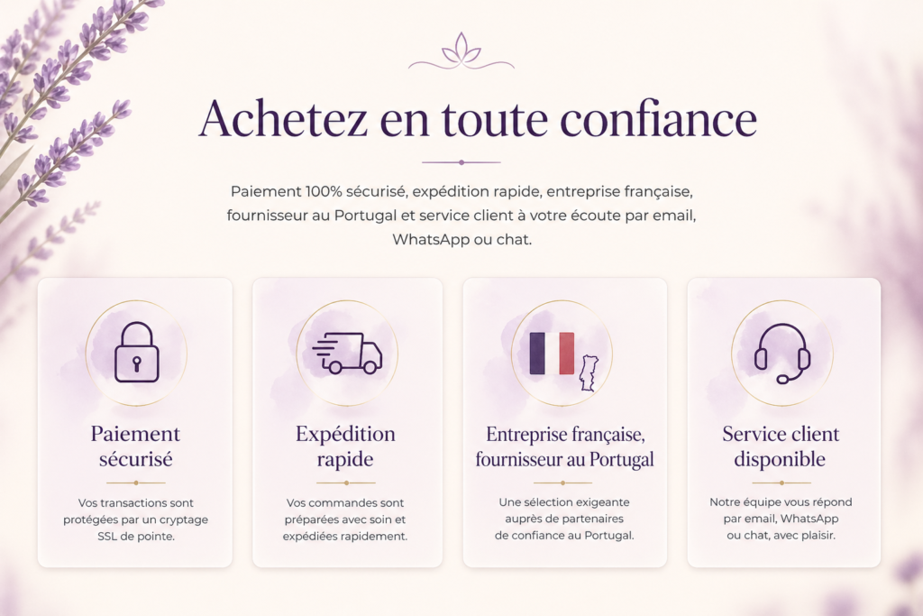 Image présentant des symboles de sécurité et de service, avec un fond pastel et des illustrations de lavande.