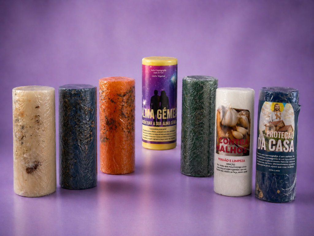 Une sélection de bougies colorées et aromatiques sur fond violet, idéales pour les rituels spirituels et la purification.